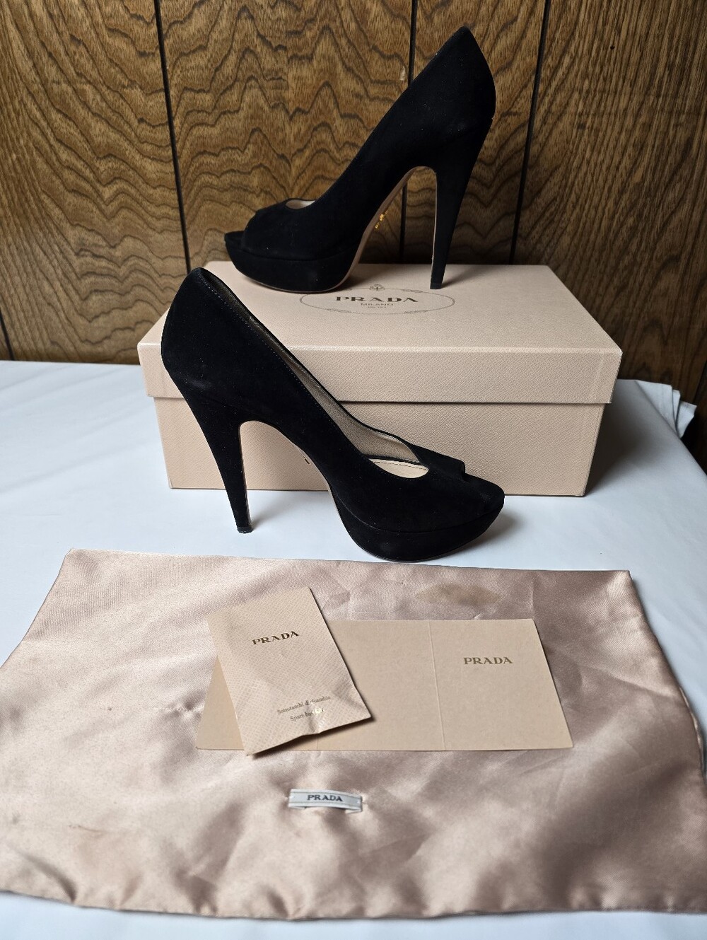 Prada Black Suede Peep-Toe Platform Pumps